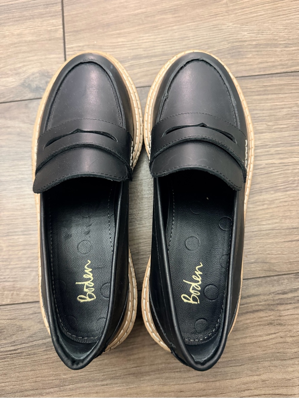 Boden Black Leather Penny Loafers with Tan Contrast Sole